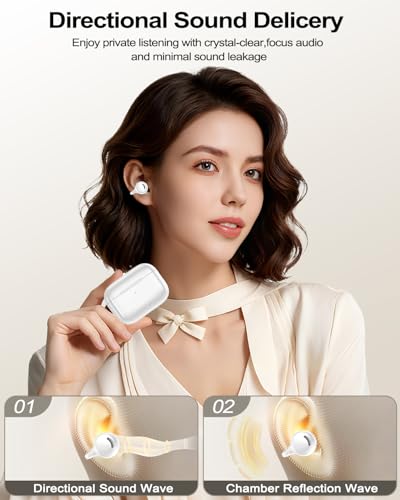 kurdene Wireless Open Ear Earbuds,Ultra Comfort Open Ear Clip Wireless Ear Buds, Lightweight Headphones, 30H Play, Bluetooth 6.0 Immersive Audio Earphones Fit Sports Running Working, White