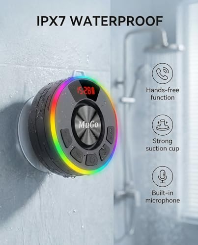 MuGo Waterproof Bluetooth Shower Speaker with Strong Suction Cup, IPX7 Portable Wireless Speaker, 360° HD Sound & RGB Lights, Bluetooth 5.3, 10H Playtime – Shower Radio for Home/Party/Outdoor/Gifts - color: Matte Black