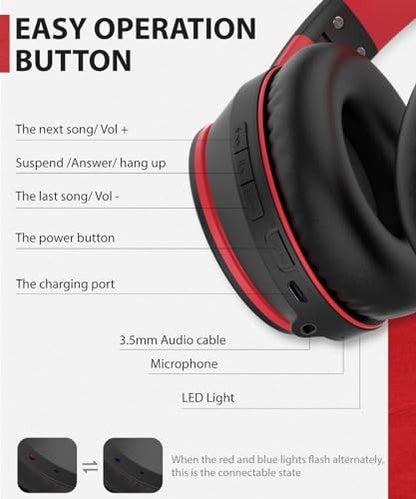 rockpapa E7 Wired/Wireless Bluetooth Headphones with Mic, 25 Hours Playtime | 2 in 1 Wire less Blue tooth Head Phones Foldable Lightweight for Kids Boys Girls Youth in School Airplane Car Black Red - color: Black Red, style: without Case