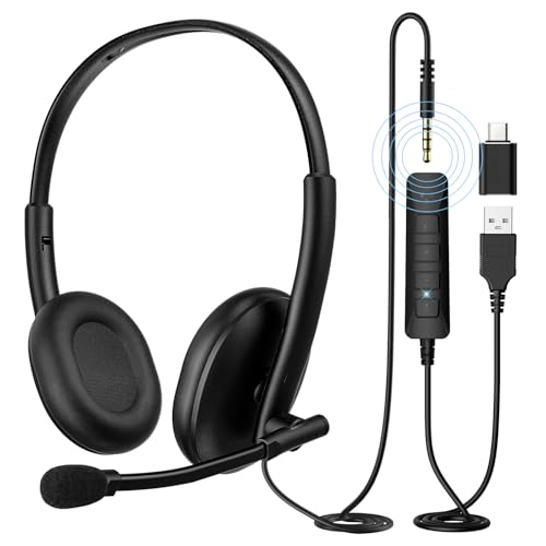 USB Headset with Noise-Canceling Microphone, USB-C/USB-A/3.5mm for PC Mac | 290° Rotating Noise-Canceling Mic, Dual Mute Controls, Lightweight Comfort, and 3-Way Connectivity for Clear Calls