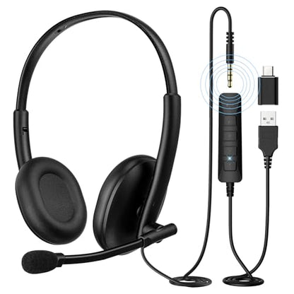 USB Headset with Noise-Canceling Microphone, USB-C/USB-A/3.5mm for PC Mac | 290° Rotating Noise-Canceling Mic, Dual Mute Controls, Lightweight Comfort, and 3-Way Connectivity for Clear Calls