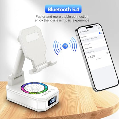Cell Phone Stand with Wireless Bluetooth Speaker and Colorful LED Lights, 4-in-1 Multifunctional Phone Holder Support Fast Charging, Adjustable Desktop Stand for iOS Android White - color: Off-White