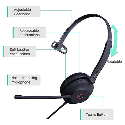 Yealink UH37 Wired USB-A Headset with Noise Cancelling Mic for PC Computer | Mono Work Headset with Microphone Professional Office Call Center Headphone Teams Certified Compatible with Teams Zoom