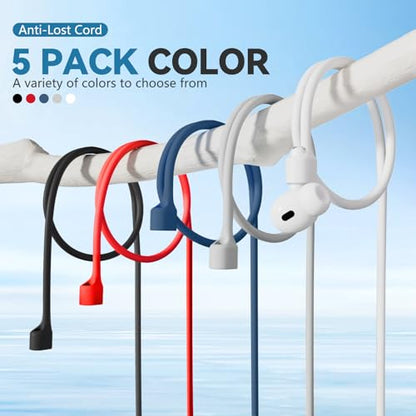 Mooyavia Ultra Strong Magnetic Anti-Lost Strap for AirPods Pro, 5 Pack | Compatible with AirPods Pro 3/2/1 & AirPods 4/3/2/1,Soft Silicone Sport Neck Lanyard,with 1 Pairs Anti Lost Earhook - color: A4-black+white+red+grey+blue