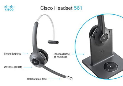 Cisco 561 Headset - Mono - Black - Wireless - DECT 6.0-300 ft48 kHz - Over-The-Head - Monaural - Supra-aural - Uni-Directional, Electret, Condenser Microphone
