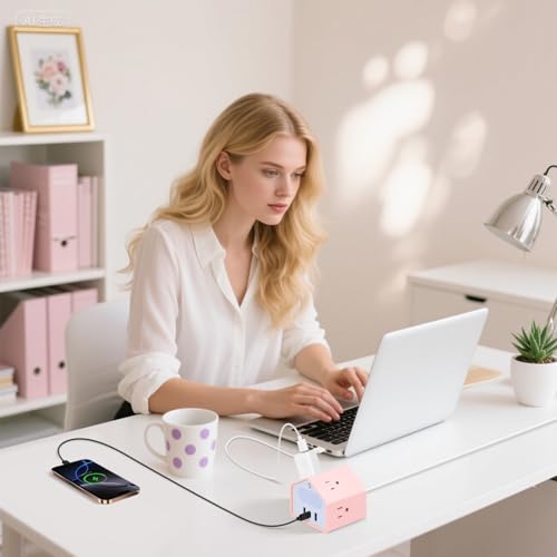 Lovely-Pink Power Strip with Night Light, Kawaii USB C Desk Accessories | 4 Outlets 3 USB Ports, Overload Protection Plug Extender, Home Office Dorm Travel Hotel, Women Girls - color: Lovely-Pink