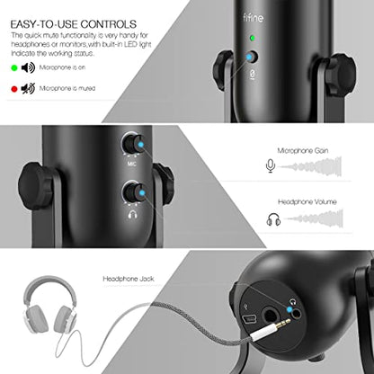 FIFINE K678 USB Podcast Microphone for Recording Streaming | Condenser Computer Mic for PC Mac, Headphone Output&Volume Control, Mic Gain Control, Mute Button, Vocal, YouTube, Gaming
