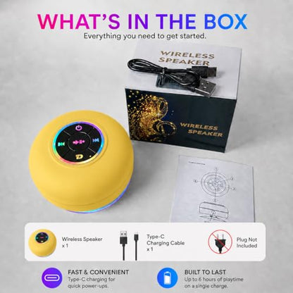 Bluetooth Shower Speaker with LED – Portable Wireless Mini Speaker with Mic & Suction Cup, IPX4 Water Resistant for Shower, Travel, Pool, River Floating, and Outdoor Fun (Yellow) - color: Yellow