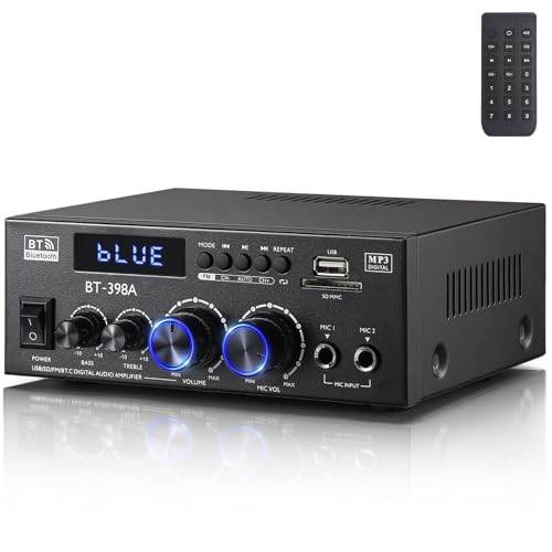 Facmogu BT-398A 스테레오 디지털 오디오 앰프, 최대 450Wx2 HiFi 사운드 오디오 파워 앰프 시스템, 홈 시어터 차고용 2.0 채널 수신기 앰프, 섬유/구리 잭 포함, USB/SD/AUX/RCA/MIC in 에코 포함 - style: 최대 450Wx2