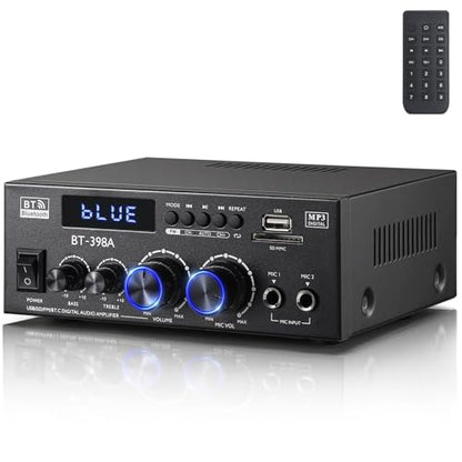 Facmogu BT-398A 스테레오 디지털 오디오 앰프, 최대 450Wx2 HiFi 사운드 오디오 파워 앰프 시스템, 홈 시어터 차고용 2.0 채널 수신기 앰프, 섬유/구리 잭 포함, USB/SD/AUX/RCA/MIC in 에코 포함 - style: 최대 450Wx2