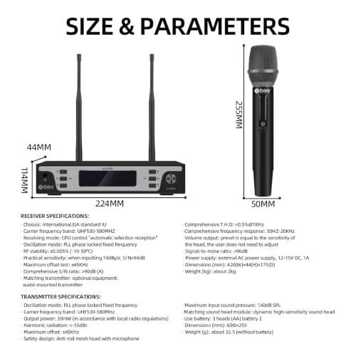Debra Wireless Microphone System, UHF Dual Handheld Metal Mics with LCD Screen, 262ft Long Range, Cardioid Dynamic Mic for Clear Vocal, XLR/6.35mm Output for Karaoke, Party, Church, Live Performance
