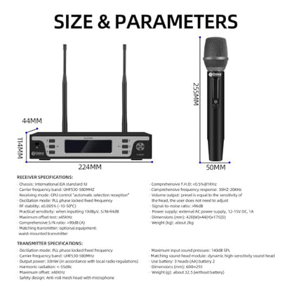 Debra Wireless Microphone System, UHF Dual Handheld Metal Mics with LCD Screen, 262ft Long Range, Cardioid Dynamic Mic for Clear Vocal, XLR/6.35mm Output for Karaoke, Party, Church, Live Performance
