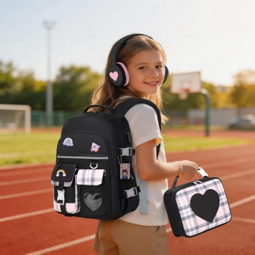 ACESAK Girls Backpack with Headphones, Insulated Lunch Box & Pencil Case | Girls School Backpack with 3.5mm Wired Headphones for School Bookbag Schoolbag Set Back To School Gift, Black - color: Black