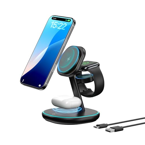 3-in-1 Charging Station, 2X Faster 15W Wireless Charging Station for iPhone 16/15/14/13/12, for Apple Watch, AirPods, Magnetic Wireless Charger with Sleep Friendly Light (Black)