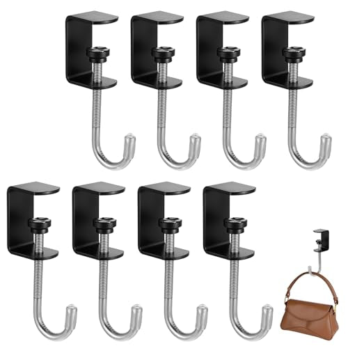 cobee Clamp-On Under Desk Hooks, Desk Mount Hanging Bag Holder Metal Hook | Adjustable Headphones Clamp Organizer Portable Purse Hanger Clip Reduce Clutter Table Desk Under Counter (8 Pcs, Black) - color: 8 Pcs, Black