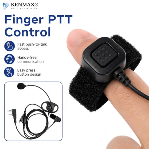 D-Shape Earpiece with Boom Mic and Finger PTT for Baofeng UV-5R BF-888S UV-82 and Kenwood 2-Pin Radios, K-Plug Earhook Headset for Two-Way Radio