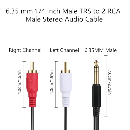6.35mm Male to 2 RCA Stereo Audio Cable 2.6FT for Mixer Amp Speaker | 6.35mm 1/4 Inch TRS Male to 2 RCA Male Y Splitter Adapter Cord, 0.8M Stereo Audio Cable for Guitar, Amplifier, Home Theate