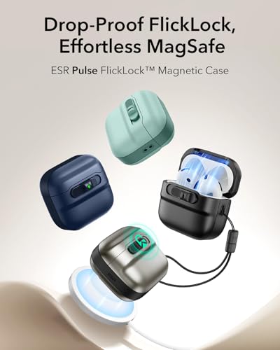 ESR for AirPods 4 Case, Compatible with MagSafe, Pulse Series, Green | Compatible with AirPods 4 Generation Case (2024)(USB-C), Magnetic Lid Lock, Drop-Proof Protection Cover with Lanyard - color: Green, size: AirPods 4 Case