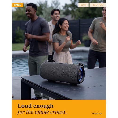 TREBLAB HD-Max Loud Portable Wireless Bluetooth Speaker, 60W IPX7 20H | RGB Power bank Outdoor Speaker, TWS Stereo Pairing, Carry Strap & Deep Bass for Backyard Parties, USB-C Charging - color: Gray
