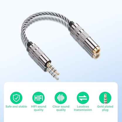 SinLoon 4.4mm Female to 3.5mm TRRS Male Audio Adapter Cable, Gold Plated OFC Braided Converter, Support Microphone for HiFi DAP & Calls (Cool Grey)
