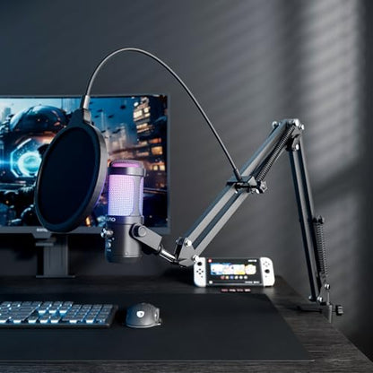 JARO USB Podcast Microphone with Boom Arm, Studio Condenser Mic with Real-Time Monitoring, Mute, Volume Control Ideal for Voice & Singing (Black) - color: Black