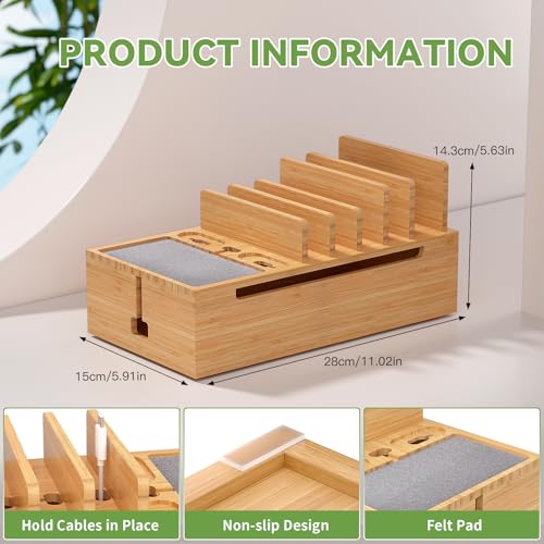 Pezin & Hulin Bamboo Charging Stand Rack, No Power Adapter Supply -Natural | Wooden Charge Box for Mobile Phones, Tablets, Smart Watch and Earbuds, Wire Cable Organizer Box, Bedside Dock Stand Holder - color: Natural (No Charger)