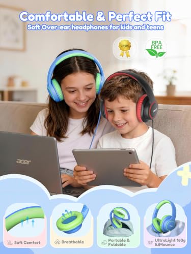 Acer OHW328 Kids Headphones Wired for School - Over Ear Design | 85/94dB Safe Volume, 3.5mm Jack Foldable Headphones for Kids Boys Girls Classroom Yoto Player Chromebook Travel Blue Green - color: Blue Green