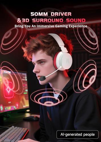 RYR Wireless Gaming Headset for Xbox Series X|S, Xbox One, White-Red | Bluetooth 5.3, 3D Surround Sound, Rotatable Earmuffs, Gaming Headphones with Noise Canceling Microphones - color: White-Red