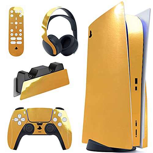 PlayVital Chrome Gold Glossy Full Set Skin Decal for ps5 Console Disc Edition, Sticker for ps5 Vinyl Decal Cover for ps5 Controller & Charging Station & Headset & Media Remote - color: Chrome Gold