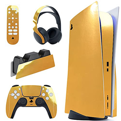 PlayVital Chrome Gold Glossy Full Set Skin Decal for ps5 Console Disc Edition, Sticker for ps5 Vinyl Decal Cover for ps5 Controller & Charging Station & Headset & Media Remote - color: Chrome Gold