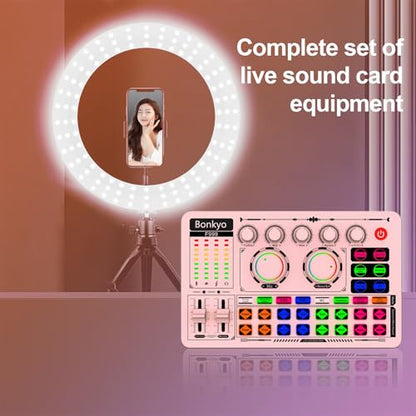 F999 Pink Live Streaming Sound Card, Professional Audio Mixer, Voice Changer Soundboard with Audio Interface, Bluetooth, Noise Reduction, DJ Mixer Board for Live/Podcasting/Gaming - color: Pink
