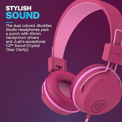 JLab JBuddies Studio on-Ear Kids Wired Headphones with mic, Volume Limiter, Foldable, Adjustable, Dark Pink - color: Dark Pink, size: Headphones
