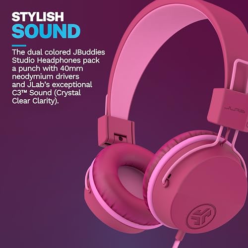 JLab JBuddies Studio on-Ear Kids Wired Headphones with mic, Volume Limiter, Foldable, Adjustable, Dark Pink - color: Dark Pink, size: Headphones
