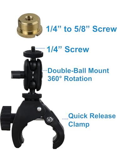 Mic Crab Clamp Microphone Mount with Double Ball Head Adjustment 1/4" to 5/8" Copper Screw, Fits Mic Stand, Drum Stand, Desktop Shelf