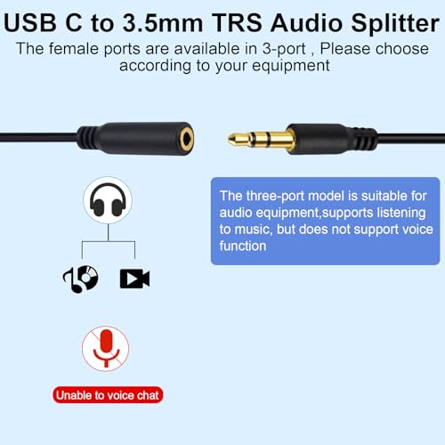 Poyiccot USB C to 3.5mm Aux Jack Cable, 1 to 3 Ways USB C to 3.5mm TRS Female Splitter Headphone Stereo Cable Compatible with Headphone, Galaxy, MacBook, 30cm/1ft - style: 1 to 3 ways