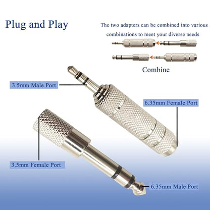 1/4 Female to 1/8 Male Audio Adapter Kit 3.5MM Male to 6.35MM Female Connector for Guitar Headphone 4 Pack - color: Silver
