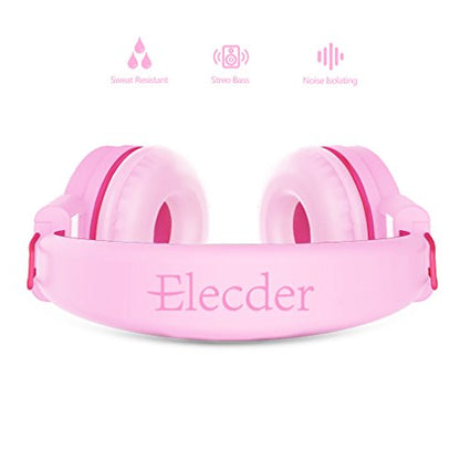 ELECDER i37 Kids Headphones for School Children Girls Boys Teens, Rose/Pink | Foldable Adjustable Lightweight, 3.5mm Audio Jack On Ear Headphones for Smartphones Chromebook Computer PC Tablets Travel - color: Pink