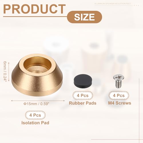 MECCANIXITY 4Pcs Speaker Isolation Pad Feet, 15x6mm Shockproof Aluminum Alloy Vibration Isolation Speaker Shock Base Pad Cone Base with Screws & Rubber Pads for Audio Equipment, Gold - color: Gold, size: 15x6mm