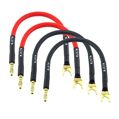 WJSTN 8 in HiFi Banana Plug to spade Speaker Jumper, 45 Degree U Plug to Banana Plug Connection Cable-4 Pack