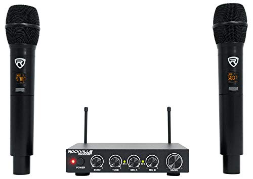 Rockville RKI65BT Dual UHF Wireless Microphones Karaoke Interface, Bluetooth Connectivity, Adjustable Echo, 8 Switchable Frequencies, Perfect for Home Karaoke and Parties | 2 UHF Mics, 8 Frequencies, 200 Ft Range, Optical/Coax/Aux Inputs, 1/4" Mix Output,