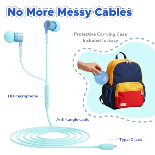 Owliwise USB C Kids Wired Earbuds with Case, mic, 85/94dB Volume Limited - color: Blue