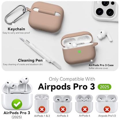 for AirPods Pro 3 Case 2025,Come with Cleaner Kit,Brown | Silicone Protective Cover for Airpod Pro 3rd Generation Case with Keychain,for Women Men,One-Piece Design,Shockproof - color: E-Brown