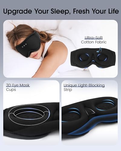 MUSICOZY Sleep Mask Bluetooth Headphones Eye Masks for Sleeping Headphone | 3D Wireless EyeMasks for Side Sleepers, 14-Hour Playtime, Ultra-Soft Breathable, Ultra-Thin Stereo Speakers for Women Men - color: Classic Black