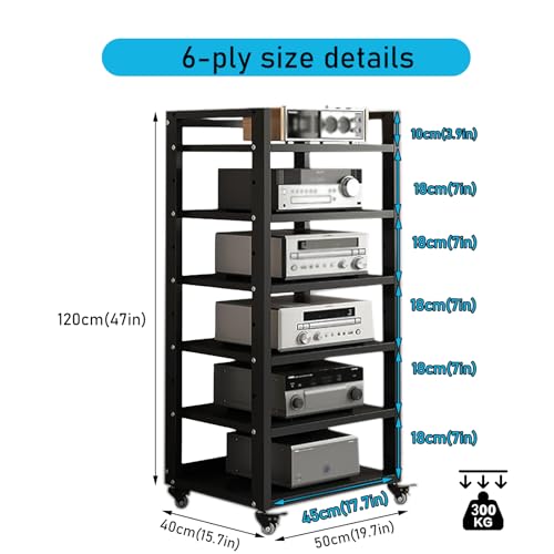 6 Tier Audio Rack Tower, CD Record Player Stereo Receiver AV Equipment Cabinet Display Rack, Weight Capacity 661 lbs, with Adjustable Wooden Shelves for Home (6 Tier Black) - size: 6 Tier Black