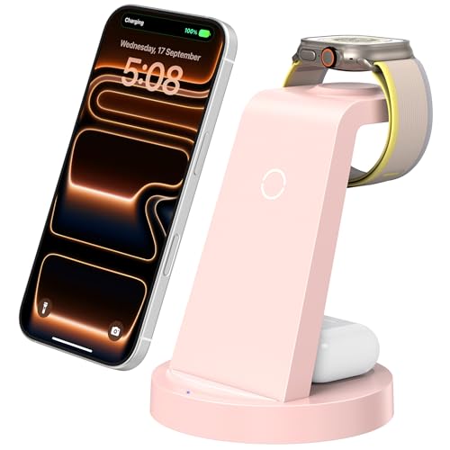 Anlmz 3 in 1 Charging Station for iPhone, Wireless Charger for iPhone 17 16e 16 15 14 13 12 11 X Pro Max & Apple Watch - Charging Stand Dock for AirPods (Pink) - color: Pink
