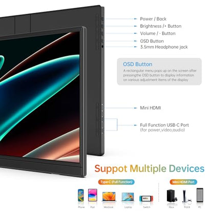 ForHelp 14 Inch Portable Monitor FHD1200P Ultra-Slim for Laptop Monitor, USB-C&HDMI Plug&Play,100% SRGB,Dual Speakers Extender Display. Built-in Stand,for Laptop,PC Phone Xbox PS4/5 - style: 14"1200p