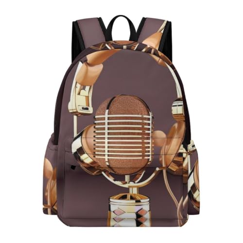 Travel Backpack for Women Men Carry On Backpack Coffee Collection Laptop Bag Lightweight Casual Daypack - color: Colorful Gold Microphone and Headset
