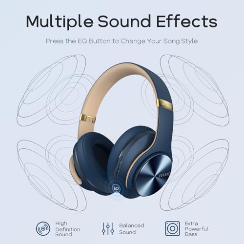 DOQAUS Bluetooth Headphones Over Ear, 90H Playtime, 3EQ Mode, with ENC Mic | Hifi Stereo Sound, Lightweight, Headphones Wireless with Soft Memory Foam Earpads, Deep Bass for Home Office Cellphone PC - color: Navy Blue