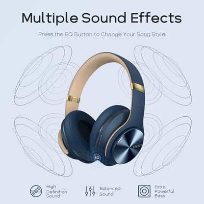 DOQAUS Bluetooth Headphones Over Ear, 90H Playtime, 3EQ Mode, with ENC Mic | Hifi Stereo Sound, Lightweight, Headphones Wireless with Soft Memory Foam Earpads, Deep Bass for Home Office Cellphone PC - color: Navy Blue