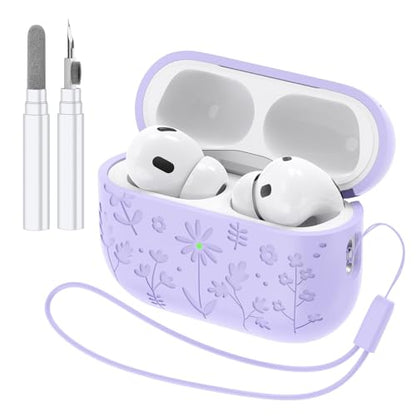 Compatible with AirPods Pro 2 Case USB C, Flower Engraved Cute Silicone Protective Case Cover for Airpods Pro 2nd Generation with Cleaner Kit and Lanyard for Women Girls (Purple) - color: Purple